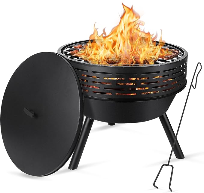 3-in-1 Fire Pit with Grill &amp Lid 23 Outdoor Fire Pit Table Cast Iron Wood Burning Firepit Heavy Duty Fire Bowl for Outside Patio Backyard Fireplaces Large BBQ Pit Table with Fire Poker