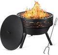 3-in-1 Fire Pit with Grill &amp Lid 23 Outdoor Fire Pit Table Cast Iron Wood Burning Firepit Heavy Duty Fire Bowl for Outside Patio Backyard Fireplaces Large BBQ Pit Table with Fire Poker