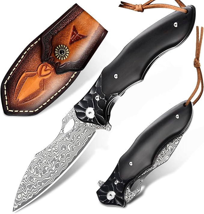 Pocket Knife for Men Hunting knife with sheath Damascus Steel Folding knife with Ebony Wood Handle Survival EDC Knife for Fishing Meat Cutting Tactical Knife for Outdoor Camping Hiking