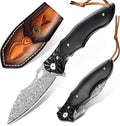 Pocket Knife for Men Hunting knife with sheath Damascus Steel Folding knife with Ebony Wood Handle Survival EDC Knife for Fishing Meat Cutting Tactical Knife for Outdoor Camping Hiking