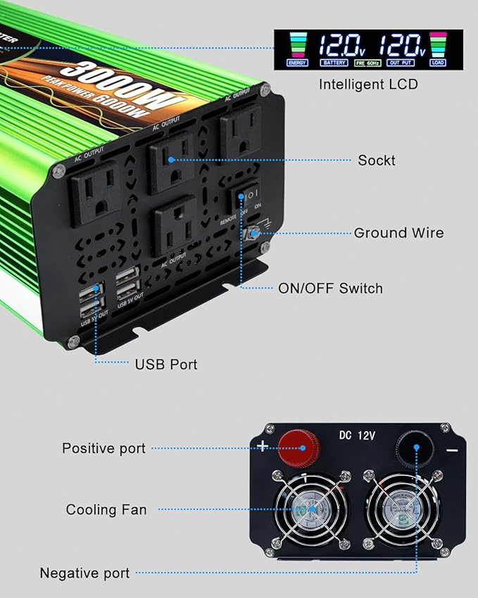 3000 Watt Pure Sine Wave Inverter DC 12V to 120V AC Power Inverter for Vehicle RV Truck Off-Grid Car Power Inverter with 4 AC Outlet 20W USB-C 5V/3.1A USB Remote &amp Panel Control Surge 600