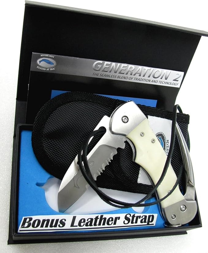 Myerchin AF300P Gen 2 Captain Pro Rigging Knife &amp Marlin Spike - White Bone Handle - Captain’s Bundle with Outdoor Merchants Safety Leather Lanyard - German Marine Stainless Steel Sailing Tool