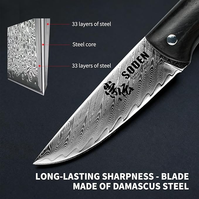 SODEN Damascus Camping Knife VG-10 Core Full Tang Fixed Blade for Survival &amp Outdoor Hunting | Ergonomic Rosewood Handle | Premium Knife Tool