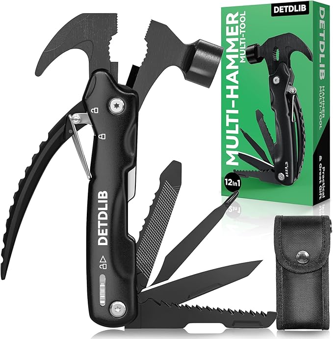 DETDLIB12-in-1 Multitool Hammer Birthday Gifts for Men Essential for Camping Hiking Cool Gadget Gifts for Men. Women Dad Him Husband Father Mechanic Boyfriend Black