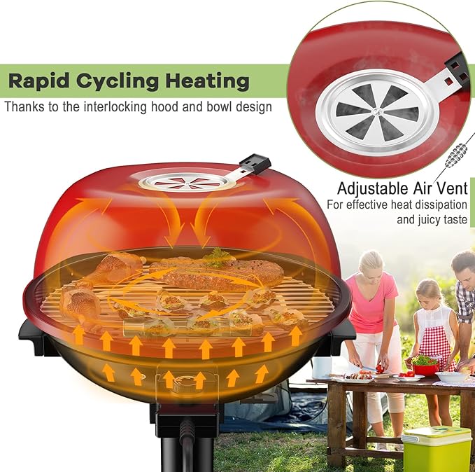 1600W Electric Grill Outdoor 15-Serving Freestanding Camping Grill w/Removable Non-Stick Grilling Rack Oil Drip Tray Temperature Adjustable Portable BBQ Grill for Patio Backyard (Red)