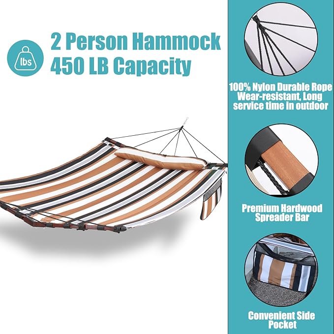 TegerDeger 12FT 2 Person Hammock Large Hammock 450LB Capacity with V Shaped Hardwood Spreader Bar &amp Nylon Rope for Outside Patio Garden Backyard Beach Poolside - Coffee Stripes