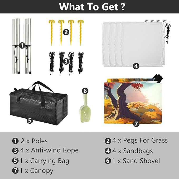 xigua Autumn Beach Tent Sun Shelter with Carrying Bag - Silver Coated Oxford Fabric Beach Canopy for Beach Camping Fishing - Includes Windproof Ropes Sandbags &amp Stakes
