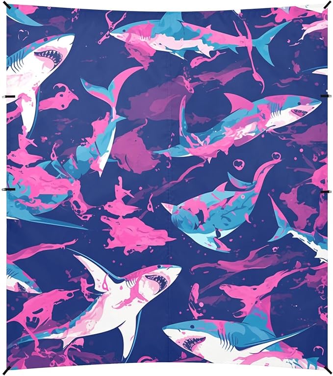 Shark Ocean Navy Blue Oil Painting Beach Tent UPF50+ Easy Setup Large Sun Shelter with Sand Shovel Sandbags for Camping Picnics Backyard &amp Fishing