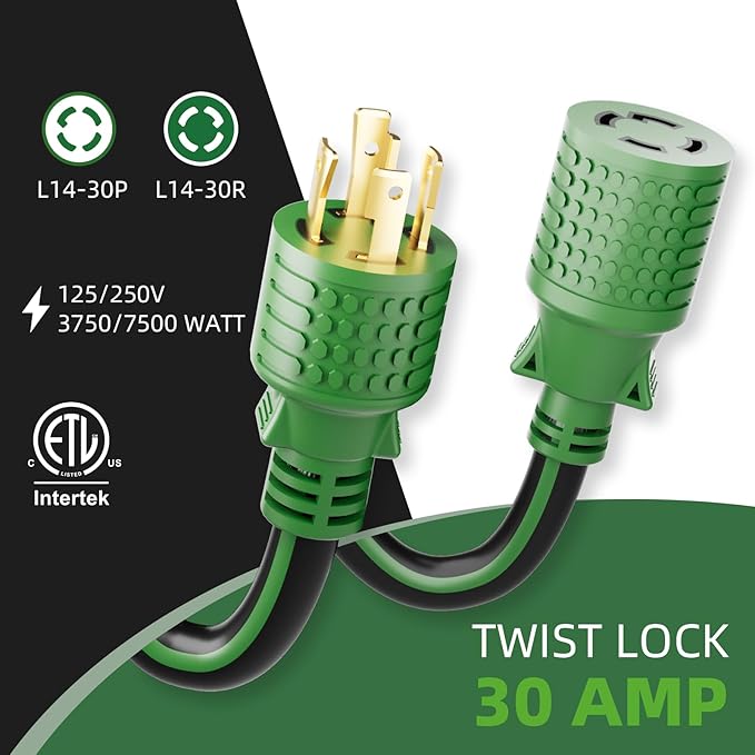 4 Prong 30 Amp Extension Generator Cord 10FT NEMA L14-30P/L14-30R 125/250 Volt Up to 7500 Watts 10 Gauge SJTW Twist Lock Power Cord for Manual Transfer Switch Black&ampGreen ETL Listed