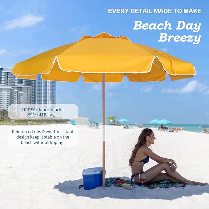 AMMSUN 7.5ft Heavy Duty High Wind Beach Umbrella Commercial Grade with Air Vent Ash Wood Pole &amp Carry Bag UPF 50+ Sun Protection for Patio Garden Pool Backyard Yellow