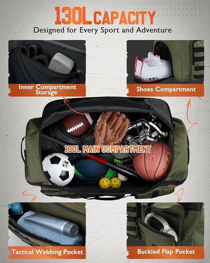Gonex 130L Extra Large Duffel Bag for Men Heavy Duty 3 in 1 Convertible Carry Travel Duffle with Shoe Compartment Tactical Loops Sports Gear Bag for Family Trips (Army Green)