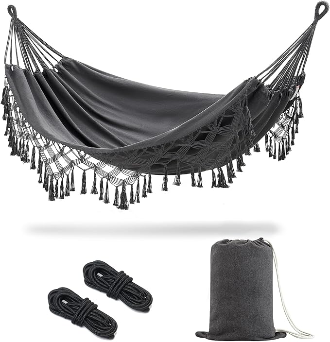 JoyView Boho Macrame Double Hammock with Hanging Ropes &amp Elegant Tassels 86.6x59 Portable Cotton Hammock for Patio Backyard Porch 450LBS Weight Capacity Perfect for Outdoor/Indoor - Dark Grey