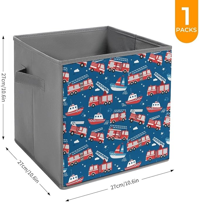 Foldable Storage Cube with Handles Firetrucks Fire Trucks Sturdy Collapsible Organizer Bin for Heavy Items like Books &amp Tools Reinforced Sides for Durability