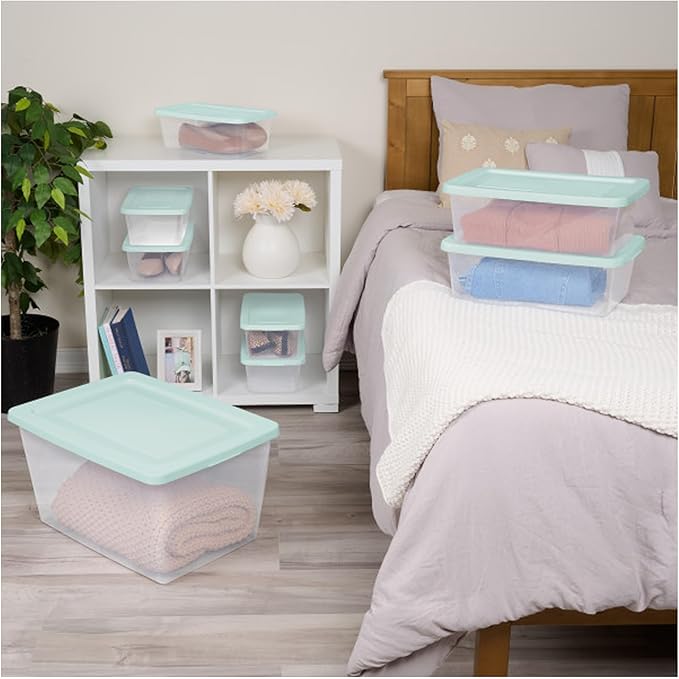 Sterilite 36 Pack Storage Boxes Clear Plastic Stackable Containers Lightweight Home Organizers with Snap Lids 12 Quart Mindful Mint