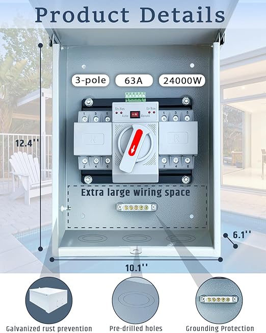 63A Automatic Transfer Switch for Generator 3P 120/240V Dual Power Generator Transfer Switch Meeting NEMA 3R Standards for Outdoor and Indoor
