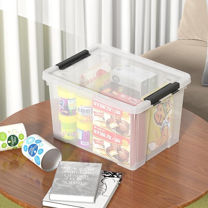 Sandmovie 6 Pack 22 Quart Clear Plastic Storage Bins with Wheels &amp Latching Lids - Stackable Organizer for Home Dorm Office &amp Pantry