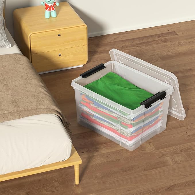 22 Quart Stackable Plastic Storage Bins with Lids and Latching Buckles 4 Pack Tubs Boxes Organizing Clear