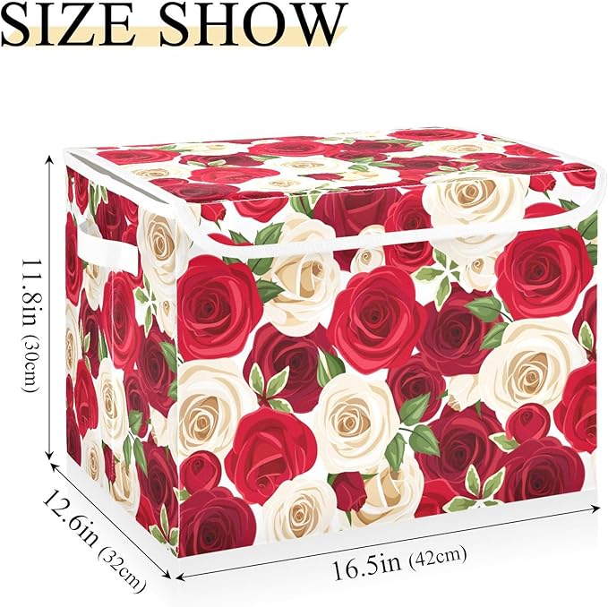 Storage Box Rose Floral Closet Storage Bins with Lids Foldable Oxford Fabric Storage Box for Home Bedroom Closet Office (16.5x12.6x11.8 in)