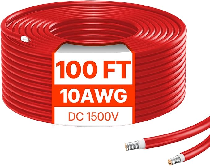 VEVOR 100FT Solar Panel Wire 10AWG Tinned Copper PV Cable 6mm² IP67 Waterproof XLPE Insulation Outdoor Extension Cord for RV Boat Home Solar Red