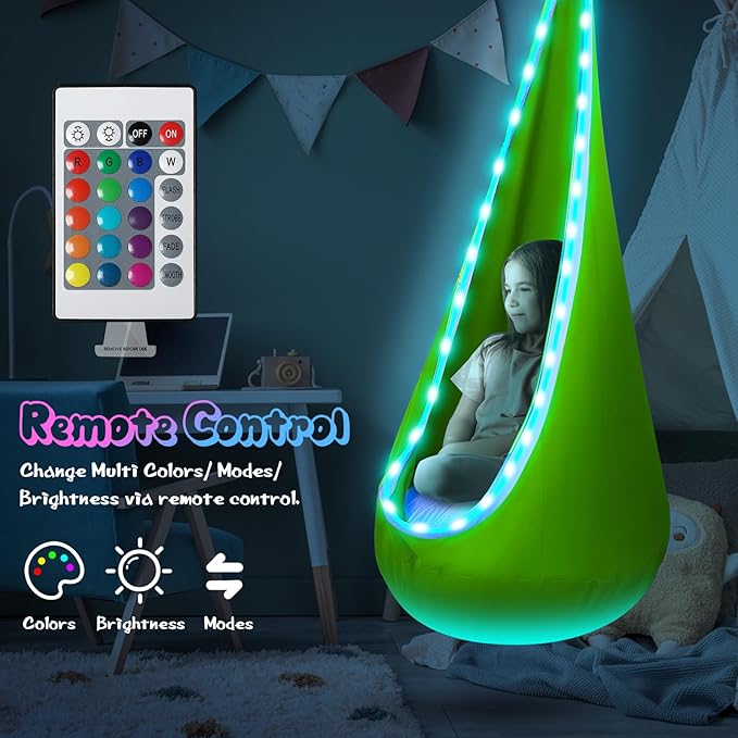 Light Up Kids Pod Swing Seat Upgraded Kids Hanging Hammock Swing with LED Lights Cotton Sensory Pod Swing Chair with Inflatable Pillow Pod Swing for Kids Indoor &amp Outdoor (1 PCS) (Green)
