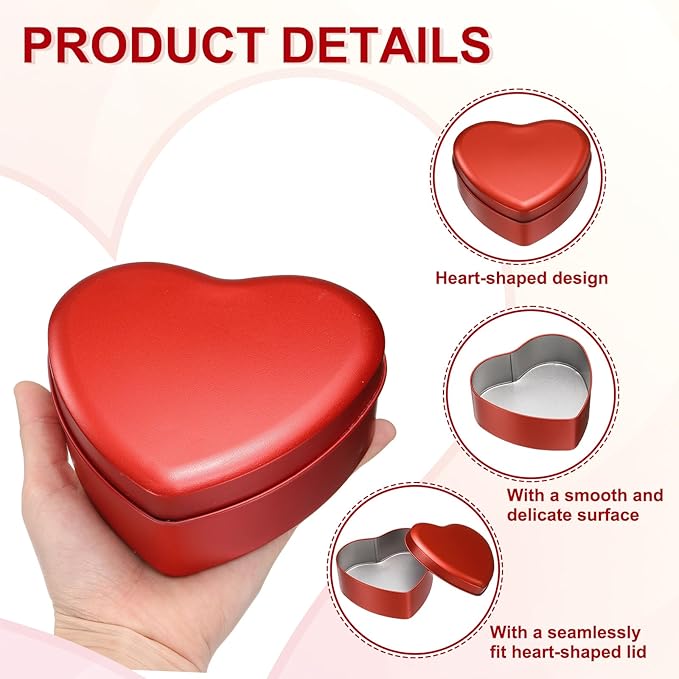 uxcell 6Pcs Heart Shaped Metal Tins Box Empty Candy Jars with Lids Favors Storage Containers for Valentine's Day Candles Wedding Parties Cookies Gifts Red (12.5x11.5x4.5cm)