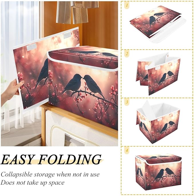 AIXIWAWA Lidded Storage Cube (Bird Love) Fabric Foldable Closet Bins with Flip Lid and Handles Organizer Basket Container 16.5 x 12.6 x 11.8 IN