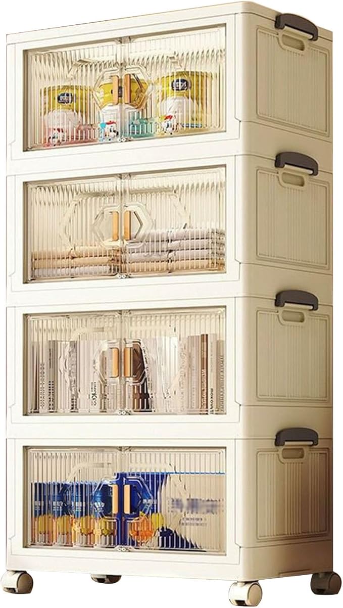 Generic Storage Bins with Lids Stackable Plastic Containers Storage Box Storage Cabinet with Door White Closet Organizers for Organization 52x30cm 4 Tier
