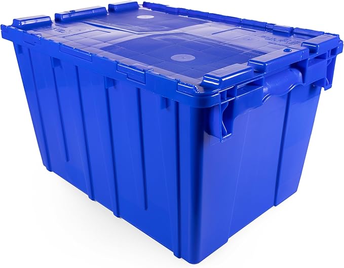 IDL Packaging 14-Gallon Industrial Plastic Tote with Hinged Lids Blue Pack of 1 - Heavy-Duty Large 22L x 15W x 12H Container for Warehouses Garages and Home Storage