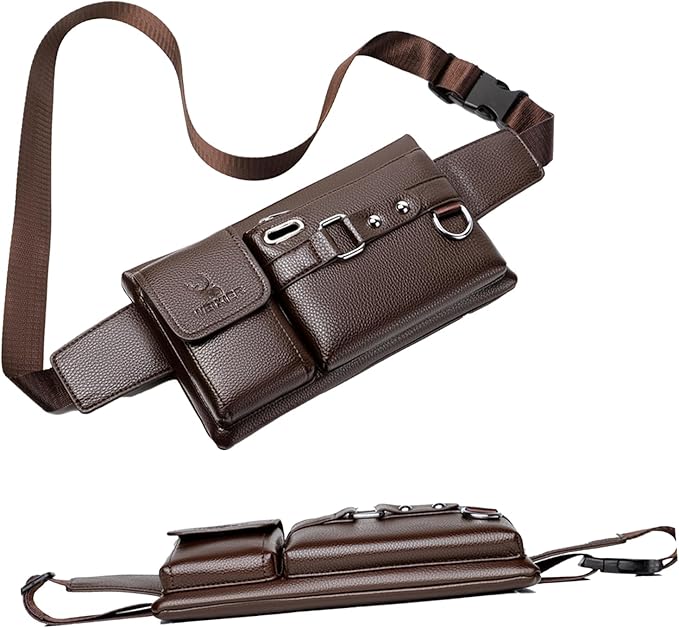Mens Crossbody Bag Brown Leather Lightweight Anti-Theft Slim Chest Sling Pack with Adjustable Strap for Travel Gym Running Hiking Everyday Carry Essentials