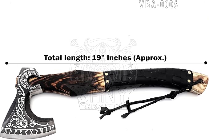 SHINY CRAFTS® Handcrafted Decorative Viking Axe with Leather-Wrapped Handle &amp Sheath – Engraved Blade – Ceremonial Collectible Gift for Men Warriors History Buffs Cosplay &amp Display (VBA-06)