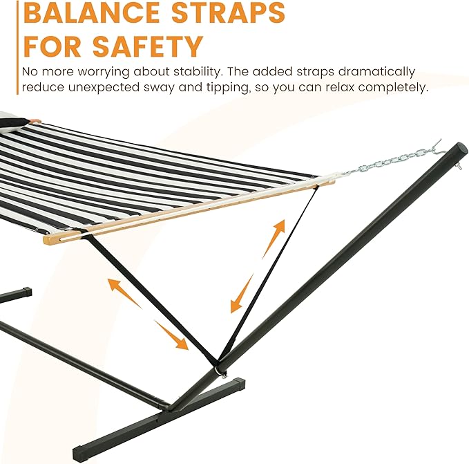 Lazy Daze Hammocks 2 Person Portable Hammock with 12FT Stand for Outside Quilted Double Hammock with Spreader Bar and Detachable Pillow 450lbs Capacity Perfect for Outdoor Patio Black Stripes