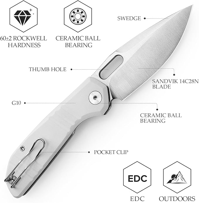TRIVISA Gecko Folding Pocket Knife 3.4 14C28N Steel Blade G10 Handle EDC Knife with Pocket Clip for Men Women Camping Survival HikingGecko-WG