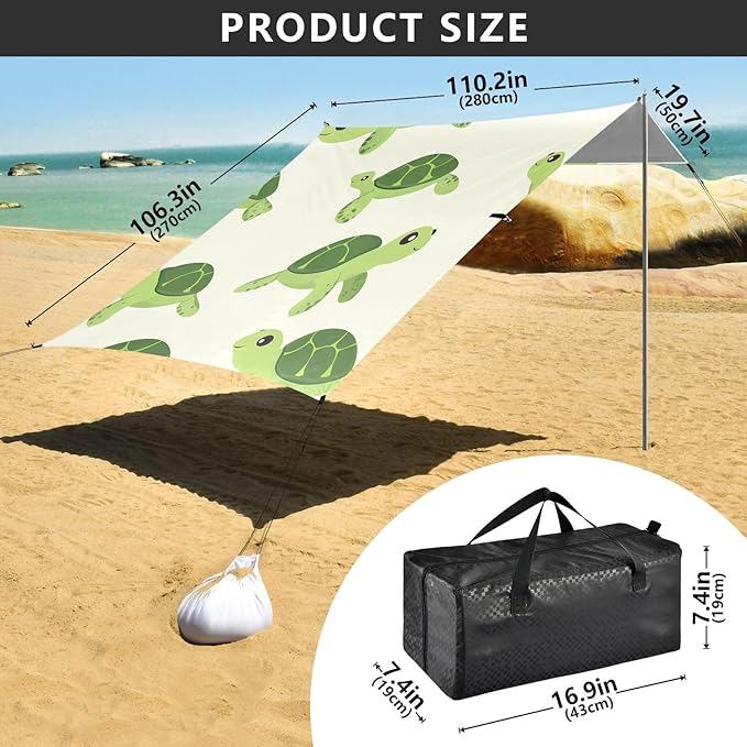 ALAZA Cartoon Turtle Pattern Beach Tent Sun Shelter Portable Canopy Sunshade for Outdoor Camping Picnics Backyard Fun 10x9 ft