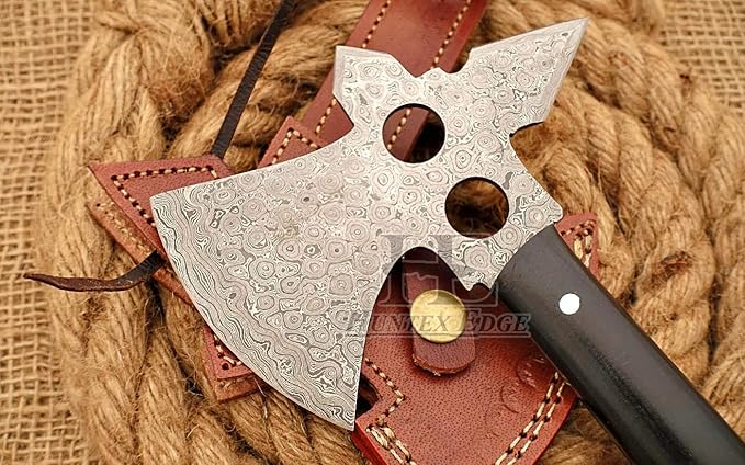 HUNTEX Unique Custom Hand-Forged Rain Drop Pattern Damascus Steel 12 Inch Long Buffalo Horn Handle Full Tang Razor Sharp Hunting Camping Hiking Hiking Axe with Genuine Leather Sheath