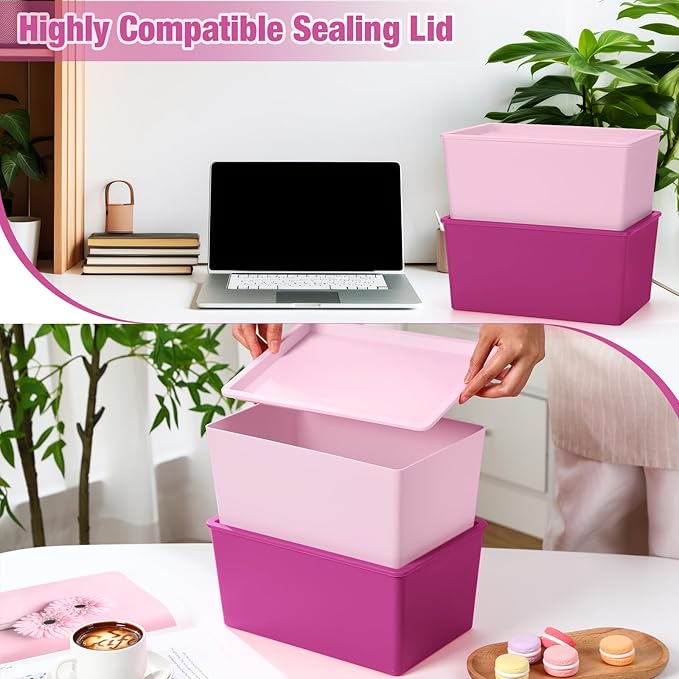 Menkxi 6 Pcs Storage Bins with Lids Small Plastic Storage Containers Stackable Storing Baskets Box Cute Organizer Bins for Organizing Shelves (Pink Series)