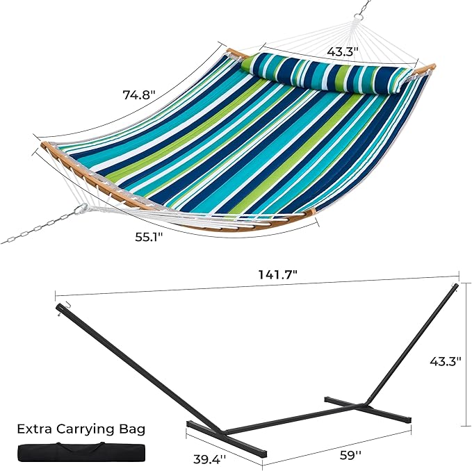 SUPERJARE Hammock with Stand 2 Person Heavy Duty Hammock with Padded Cotton Detachable Pillow &amp Strong Curved-Bar &amp Portable Carrying Bag Perfect for Outdoor &amp Indoor - Dark Cyan