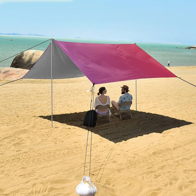 Purple Red Gradient Beach Cabana Tent UPF50+ Protection Waterproof Sun Shelter with Sandbags &amp Sand Shovel for Camping Picnics Backyard &amp Fishing