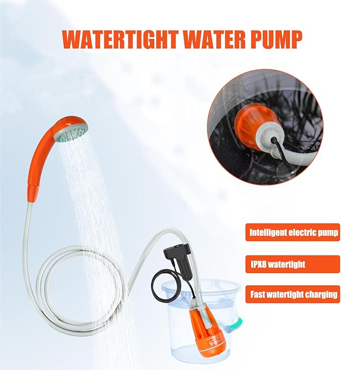 Orange grayPortable Camping ShowerShower Pump with Rechargeable BatterySuitable for CampingPet BathingCar Washingetc