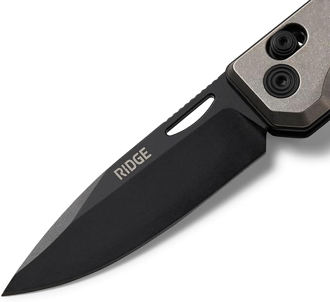 Ridge Everyday Folder Knife - Premium EDC Pocket Knife Sandvik 14C28N Steel Drop Point Blade with Black DLC Finish Ceramic Bearings Deep Carry Clip &amp Multipurpose Design (Stonewashed Titanium)