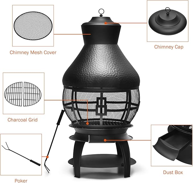 Giantex Wood Burning Chiminea Heavy Duty Fireplace Chiminea Wooden Fire Pit with 2-Piece Log Grate Premium Rain Cap &amp Fire Poker 360°Fire Retardant Mesh Cover Ideal for Garden Patio Backyard