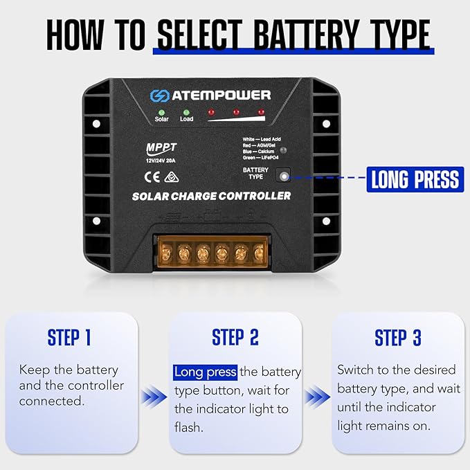 ATEM POWER 20A 12V/24V MPPT Solar Charge Controller Selecting Battery Type Activate Lithium Battery Intelligent Solar Controller Compatible with Lead Acid AGM Gel Calcium and LiFePO4 Battery