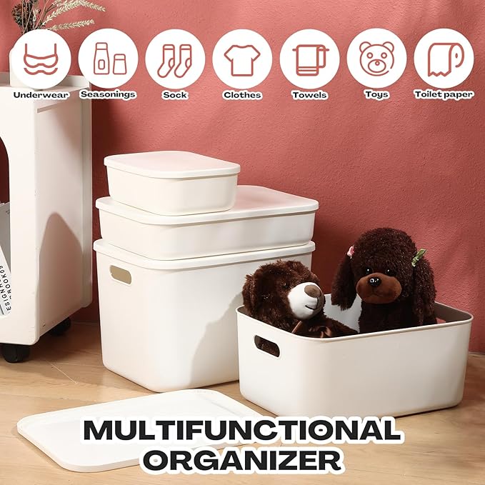 16 Pack Plastic Storage Bins with Lids Stackable Classroom Organization Bins 4 Size Combination Craft Organizers for Home Office Organize Craft Shoes Tools Snacks(White)