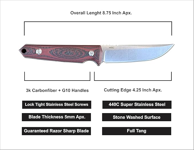 Fixed Blade Knife Carbonfiber &amp G10 Scales EDC With Kydex SheathIdeal for Skinning Survival Camping Hunting &amp Outdoor Tactical Pocket Knives For Outdoors (AT_002)