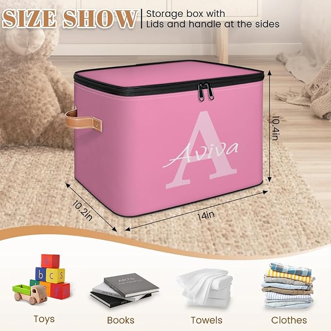 Customized Storage Basket with Initial Name Personalized Keepsake Box with Zipper Lid Foldable Fabric Memory Bin Large capacity with Handle Pink