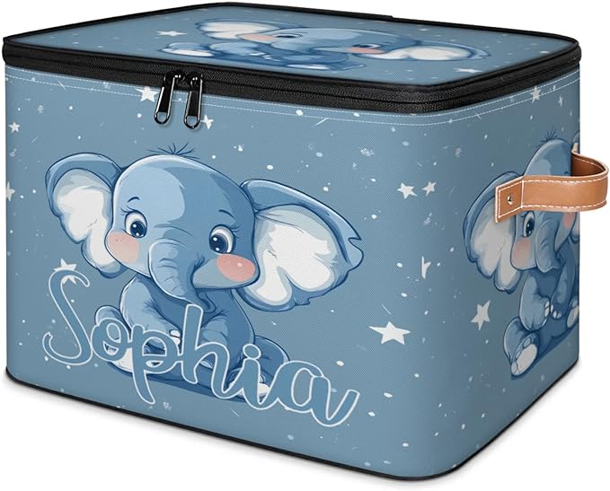 Custom Storage Basket with Name Personalized Storage Bins with Zipper Lid Foldable Fabric Storage Box Large capacity with Handle Elephant Star Blue
