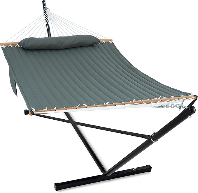 GAFETE 2 Person Hammock with Stand for Outside Heavy Duty Steel Stand Double 55inch Hammocks Large Removable Pillow Storage Bags Max 475 lbs Capacity (Mist Green)