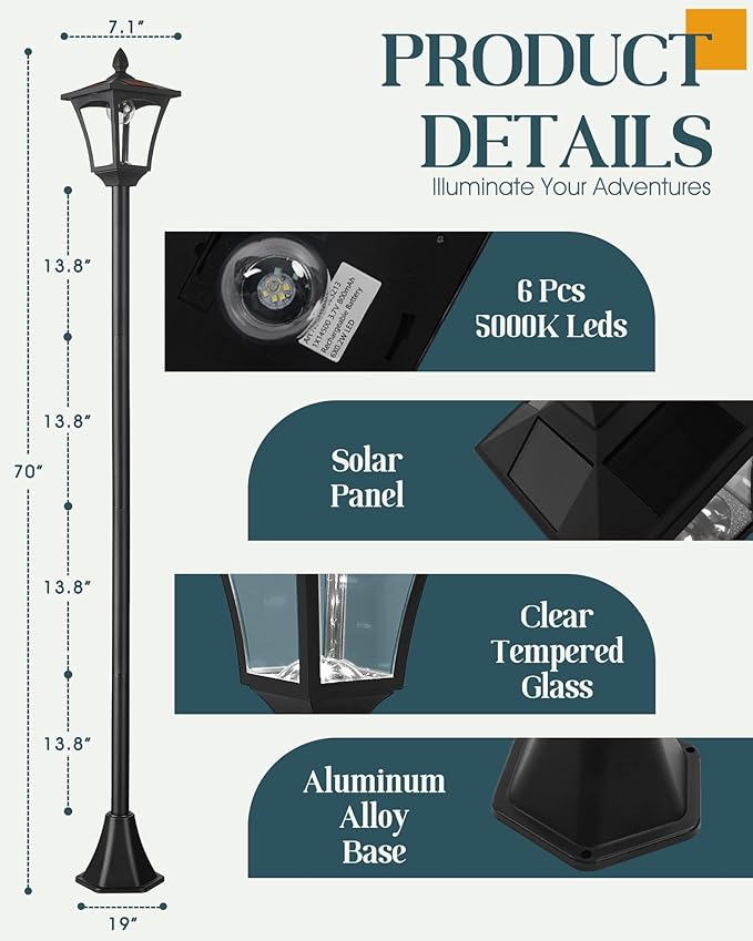 70 Outdoor Solar Post Light LED Solar Lamp Post Outdoor Waterproof IP65 Solar Pole Light for Garden Lawn Pathway Driveway White Light