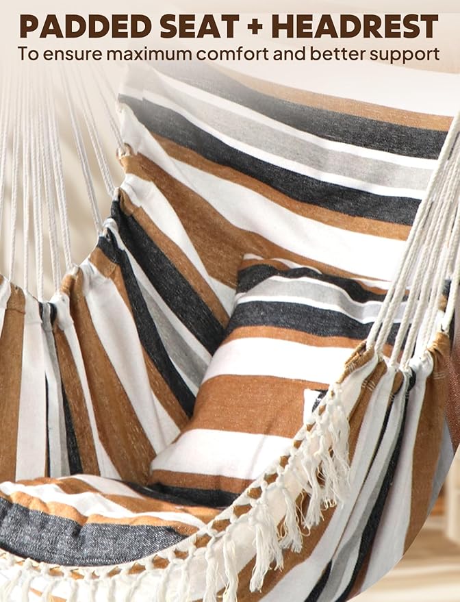 Chihee Hammock Chair Hanging Swing 2 Pillows IncludedStrong Webbing Straps and Hooks for Easy Hanging Soft Cotton Hanging Chair Side Pocket Tassel Chair Comfort Indoor Outdoor Brown Stripes