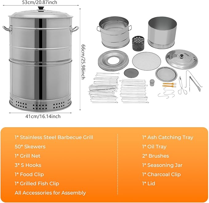 2-in-1 Vertical Smoker Barrel Grill Portable Charcoal BBQ 360° Smokeless Stainless Steel BBQ Grill Barrel for Outdoor Barbecue Camping And Backyard Cooking (Large-50 Skewers)