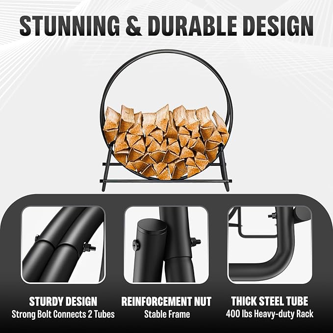 IDZO 41in Firewood Rack 400lbs Load Capacity Rust Resistant Steel Black Wood Storage